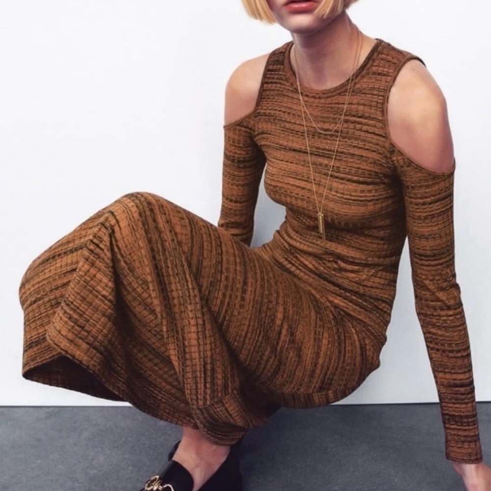 Zara Cut-Out Cold Shoulder Ribbed Midi Dress | Brown & Black | Size Large